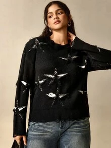 Nubod Plus Size Black & White Pentagram Hollow-Out Jacquard Distressed Ripped Crew Neck Long Sleeve Knit Base Layer Sweater - Black - View 5