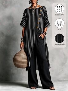Breezaya Plus Size Women's Vintage Striped Asymmetric Button Top & Loose Brown Pants 2 Pieces Set, Casual Commute Outfit, 2 Pieces Set - Multicolor - View 1
