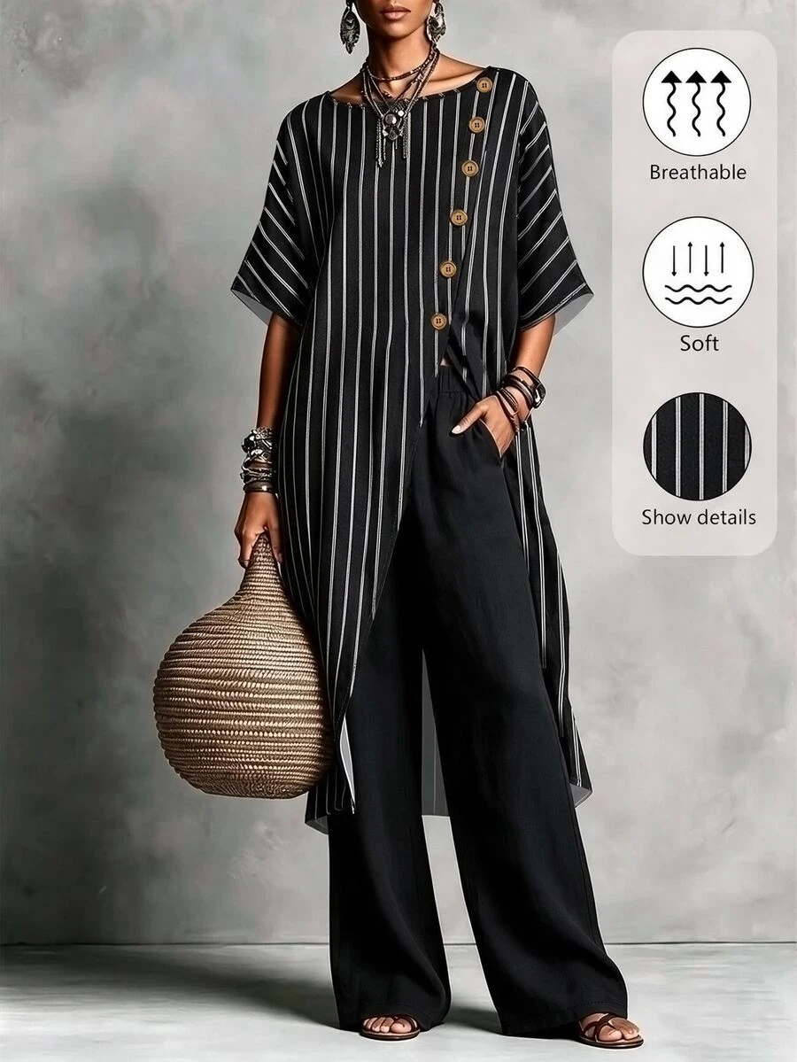 Breezaya Plus Size Women's Vintage Striped Asymmetric Button Top & Loose Brown Pants 2 Pieces Set, Casual Commute Outfit, 2 Pieces Set - Multicolor - View 1