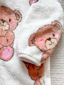 PrepCrw 女嬰可愛動物保暖內裡加厚熊圖案針織軟帽連帽長袖連身衣 秋季家庭套裝 白色趣味親子款 - 白色 - 查看 5