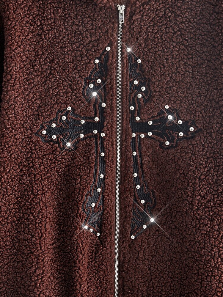 ROMWE Grunge Punk Y2K Dark Punk Rivet Cross Embroidery Open Front Teddy Fleece Plus Size Jacket - Brown - View 2