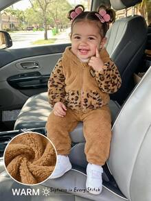 SHEIN Set Baju Bayi Perempuan Motif Leopard: Hoodie dan Celana Olahraga dengan Resleting - MultiWarna - View 1