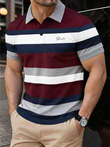 Manfinity Homme 男士條紋短袖休閒通勤 Polo 衫 - 彩色 - 查看 1