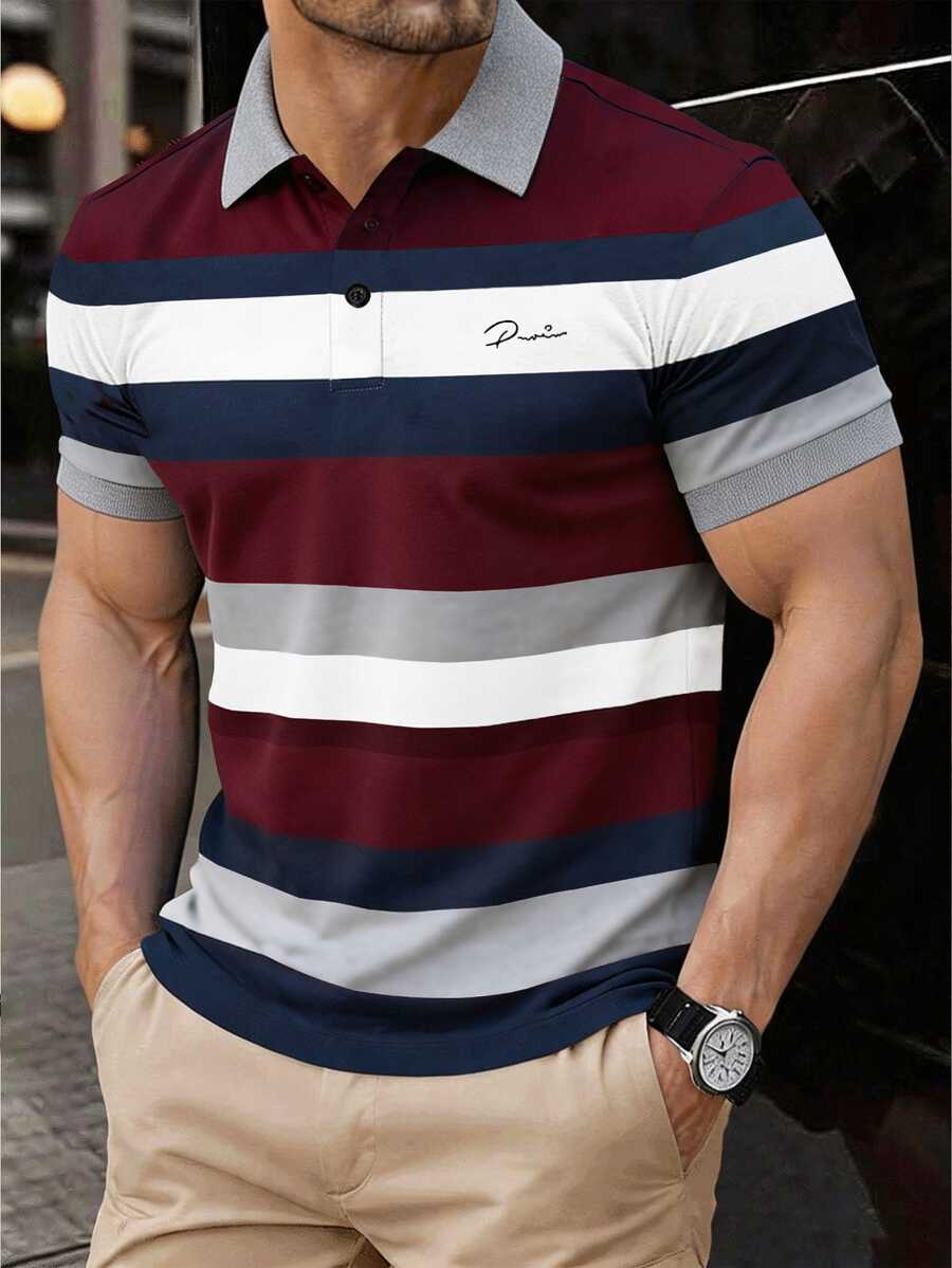 Manfinity Homme 男士條紋短袖休閒通勤 Polo 衫 - 彩色 - 查看 1