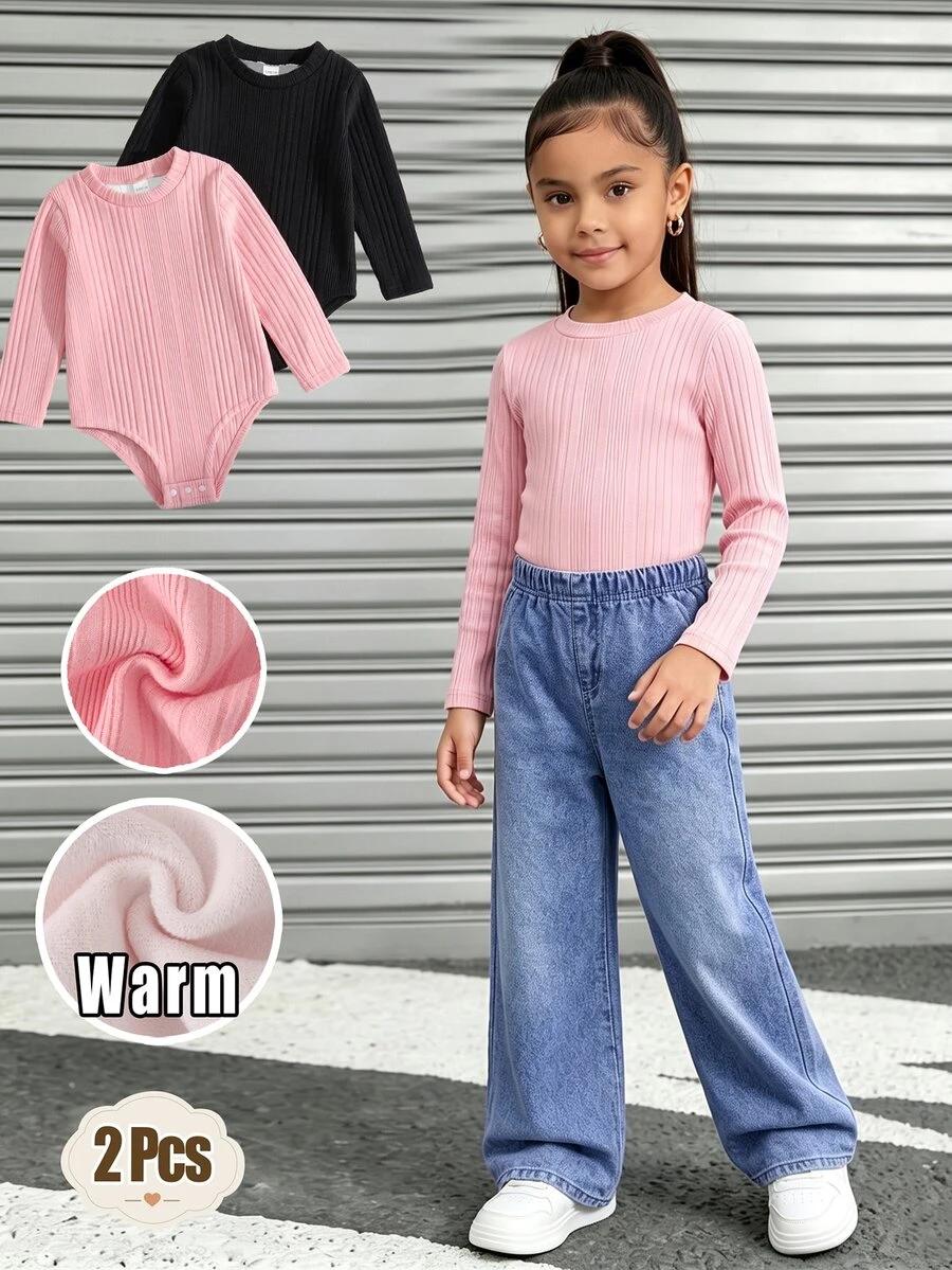 Elladie kids Girls' Solid Color Ribbed Knit Thickened Thermal Lined Semi-High Neck Long Sleeve Jumpsuit, Suitable For Autumn/Winter Layering, Casual Daily Style - Multicolor - View 1