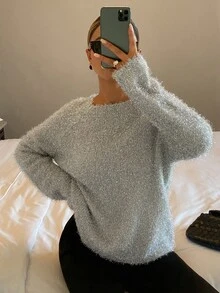 Livesso Autumn/Winter Silver Round Neck Long Sleeve Cable Knit Fitted Ribbed Knit Casual Women's Sweater - Silver - View 5
