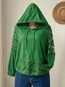 Rusticease Plus Size Sexy Embroidered Hollow Out Pocket Hooded Sweatshirt - Green - View 6