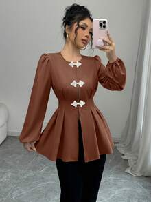 Fine & Folde Women's Round Neck Pleated Casual Versatile Daily Wear Blouse - Coffee Brown - View 7