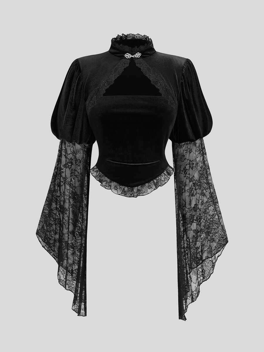 Sweetra Plus Size Dark Style Velvet Stand Collar Lace Patchwork T-Shirt - Black - View 1