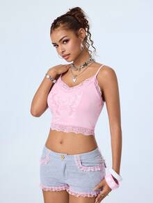 Y2Kool Women's Pink Sweet Butterfly Embroidered Rhinestone Princess Girl Style Camisole, Suitable For Daily Commute, Coffee Dates, Casual Shopping And Other Occasions - Pink - View 5