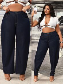 Slaydiva Celana Jeans Festival Plus Size Wanita Warna Biru Model Slim Fit Tanpa Peregangan dengan Potongan Kaki Pisang - Dark Wash - View 9