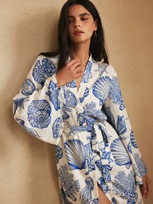 Lullawish Women's Bohemian Casual Vacation Beach Shell Ocean Element Print Tie Loose Woven Robe - Multicolor - View 5