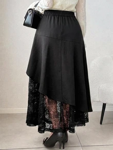 Dazy Plus Fall New Elegant Versatile High Waist Contrast Lace Full Skirt Long Skirt Tea Party Office Formal Black - Black - View 5