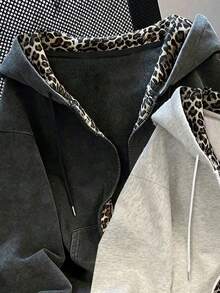 Resyla 2pcs Set, Women's Double Layer Hooded Sweatshirt, Classic Black And Light Gray Combination Jacket, Minimalist Letter Embroidery Pattern, Graphic Design, Leopard Print, Casual Versatile, Daily Wear, Multi-Color Combination - Multicolor - View 5