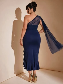 Cravure Plus Size Women's Asymmetric Collar Shoulder Strap Cinched Waist Ruffle Hem Slit Dress, Elegant Party & Commute Dress, Autumn/Winter - Navy Blue - View 2