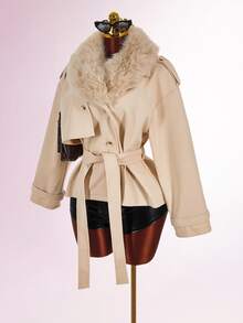 Amplova Women's Solid Color Fur Collar Dropped Shoulder Long Sleeve Double Breasted Overcoat - Grey - View 13