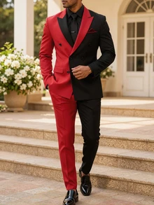 Manfinity Mode Men's Color-Block Suit Jacket And Pants Set, Fashionable Outfit For Parties And Performances, Formal, Ceremonial Use - Multicolor - View 1