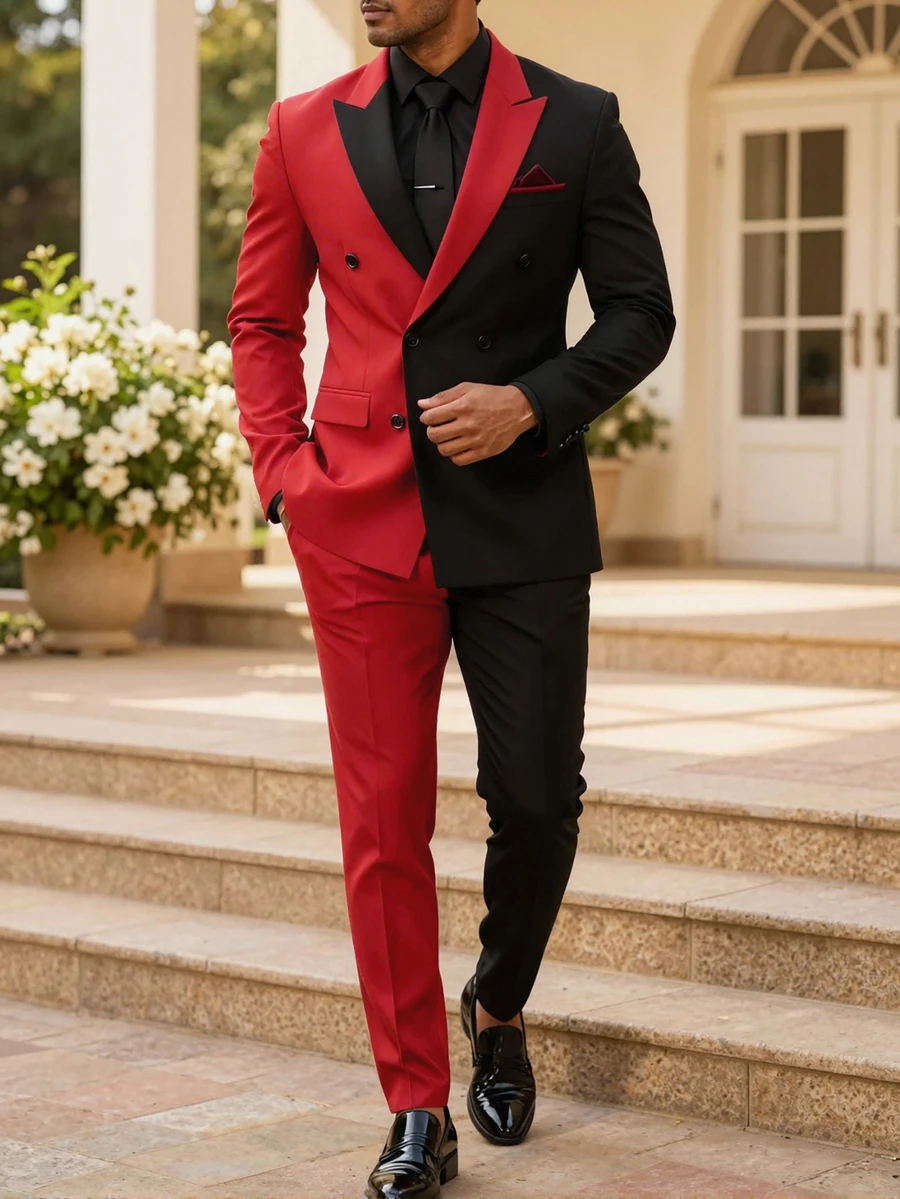 Manfinity Mode Men's Color-Block Suit Jacket And Pants Set, Fashionable Outfit For Parties And Performances, Formal, Ceremonial Use - Multicolor - View 1