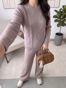 Solavon Women's Round Neck Long Sleeve Casual Versatile Sweater And Knit Pants Casual Set - Pink - View 4