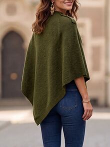 EMERY ROSE Sweater Wanita Model Poncho Lengan Kelelawar Kerah Tinggi dengan Detail Kancing Bahu, Pullover Rajut Longgar untuk Musim Gugur dan Musim Dingin - Hijau - View 2