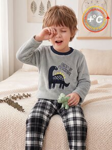 Boys Gray Plush Plaid Long Sleeve Pants Casual Comfortable 2 Pieces Loungewear Set - Light Grey - View 8