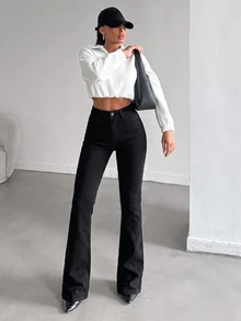 SHEIN Tall 女款休閒日常牛仔褲，附口袋與鈕扣設計 - 黑色 - 查看 3