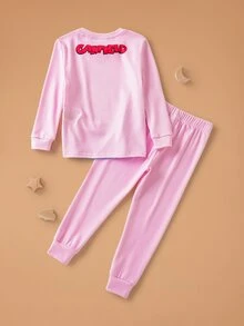 GARFIELD | SHEIN 女童卡通圖案長袖上衣與長褲休閒日常居家睡衣套裝 - 粉色 - 查看 2