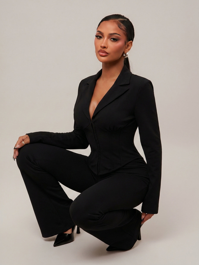 Radiana Plus Size Women's Sexy Elegant Old Money Style Black Blazer Suit Set, Waist-Cinching Blazer Top + Flare Suit Pants 2-Piece Set, Minimalist Fashion Casual Business Suit, Commute Outfit, Professional Wear, Office Wear, Work Wear, Urban Wear, Commute Clothing, Autumn Clothing, Winter Clothing
