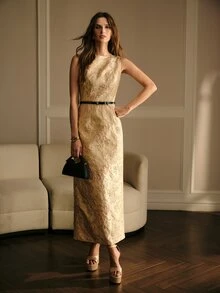 MOTF PREMIUM EXQUISITE JACQUARD LONG DRESS FOR WOMEN - Gold - View 2
