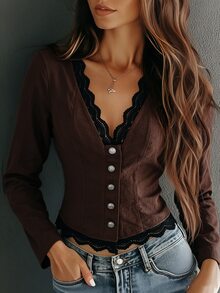 Glimmora Women's New Vintage Style Lace Trim V-Neck Fitted Vest Top - Brown - View 1