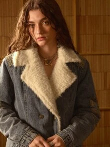 MOTF STUDIO WOMEN'S AUTUMN/WINTER VINTAGE DENIM & FLEECE PATCHWORK EMBROIDERED JACKET - Medium Wash - View 7