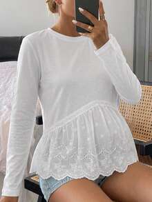 DAZY Contrast Lace Trim Hem Long Sleeve Loose Casual Vacation Daily Spring Autumn Maternity T-Shirt - White - View 3
