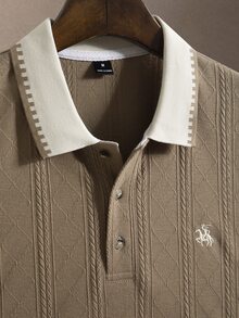 Manfinity Homme 男士休閒通勤短袖 Polo 衫，男士針織提花上衣，男士圖案短袖 Polo 衫，復古風格，老錢風，適合日常休閒、週末旅行，可作為男友/丈夫禮物，派對、夏季度假、海灘穿著、夏威夷婚禮及春夏穿著 - 卡其色 - 查看 3