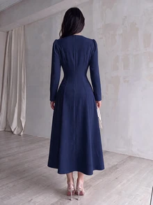 NOVVYNE 女款扇貝邊V領長袖中長洋裝，優雅純色A字喇叭裙，適合秋季婚禮賓客、晚餐聚會與秋季假日的正式穿搭 - 藍色 - 查看 2