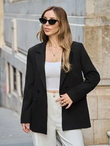 SHEIN Solid Color Flip Pocket Ladies' Suit - Black - View 4