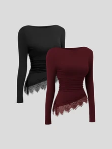 Sweetra Y2K Sexy Lace Trim Patchwork Pleated Crinkled Casual Versatile Commuter Top - Multicolor - View 1
