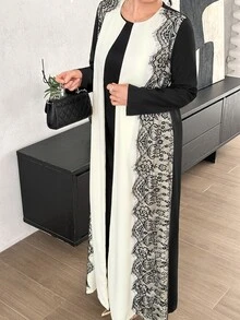 Graceveil Apricot And Black Contrast Wave Eyelash Lace Patchwork Long Cardigan Arabic Loose Long Sleeve Outerwear Robe - Black and White - View 6