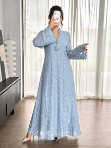 Al Najma Haze Blue Lace Stand Collar Long Robe Dress, Straight Long Sleeve Middle Eastern Muslim Abaya Dress - Dusty Blue - View 7
