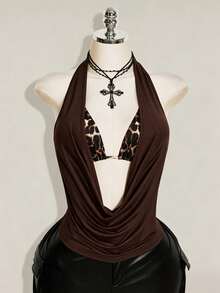 SHEIN ICON 女款大尺碼復古性感時尚個性休閒 Y2K 千禧風都市現代大膽前衛黑色細肩帶背心上衣 豹紋綁帶式內衣 2 件組背心背心上衣 - 咖啡棕 - 查看 3