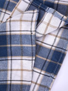 SHEIN Baby Boy Plaid Pattern Collared Long Sleeve Button-Up Shirt, Elastic Waist Long Pants, Solid Color Shawl 3 Pieces Set, Versatile And Comfortable - Royal Blue - View 7