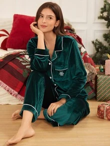 Doze Lane Women's Velvet Lapel Long Sleeve Casual Pajamas, Suitable For Outdoor Wear - Dark Green - View 5