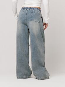 Musera Petite Grey Drawstring Denim Trousers Autumn Winter Back To School Daily Everyday - Blue - View 3