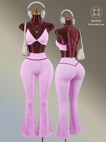 Amplova Women's Colorblock Pleated Camisole Top And High-Waisted Leggings Casual Daily Sports Set - Pink - View 1