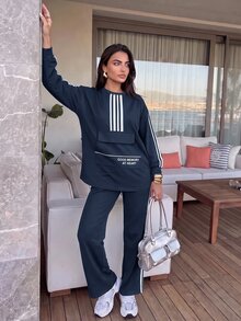 Solavon Women's Colorblock Long Sleeve Top And Pants Casual Daily 2 Pieces Set - Navy Blue - View 5
