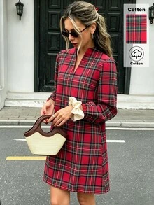 SHEIN 秋冬女款紅色格子棉質迷你洋裝，V領泡泡長袖格紋直筒洋裝，休閒寬鬆聖誕節假日派對日常穿著套裝 - 彩色 - 查看 7