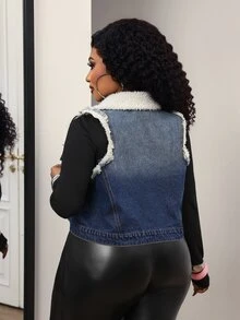 Slaydiva Plus Size Fashion Faux Fur Patchwork Collar Button Denim Vest Jacket - Blue - View 2