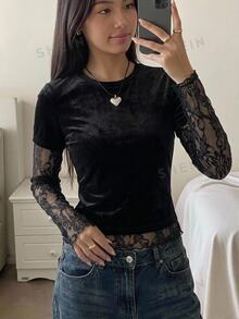 女童青少年女孩秋冬休閒優雅天鵝絨拼接蕾絲假兩件式T恤上衣，適合萬聖節與聖誕節，黑色 - 黑色 - 查看 6
