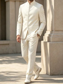 Manfinity Bizformal Men's Solid Color Long Sleeve Single-Breasted Jacket And Trousers Suit Set - Apricot - View 6