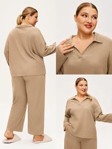 LUVLETTE Piyama Wanita Ukuran Plus Musim Gugur, Bahan Katun Lembut Waffle, Lengan Panjang & Celana Panjang, Set Piyama Santai 2 Potong dengan Kantong, Celana dengan Kantong, Piyama Musim Gugur - Aprikot - View 2
