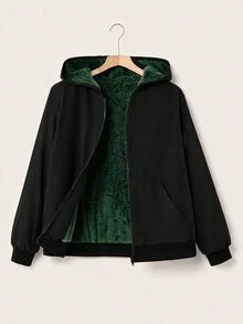 SHEIN EZwear 大尺碼女款長袖拉鍊連帽外套，含保暖內裡 - 墨綠色 - 查看 1